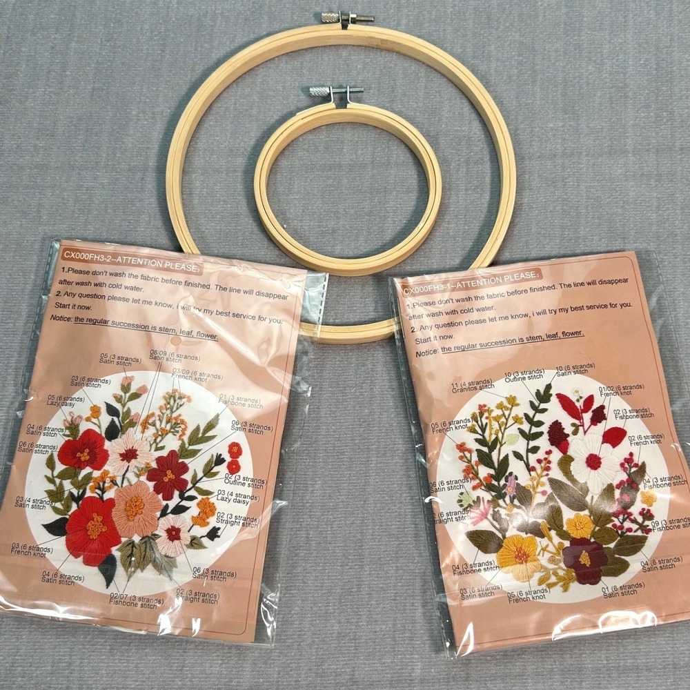 Embroidery Starter Kits Floral Pattern Embroidery Hoops Set of 2 Preprinted Vtg